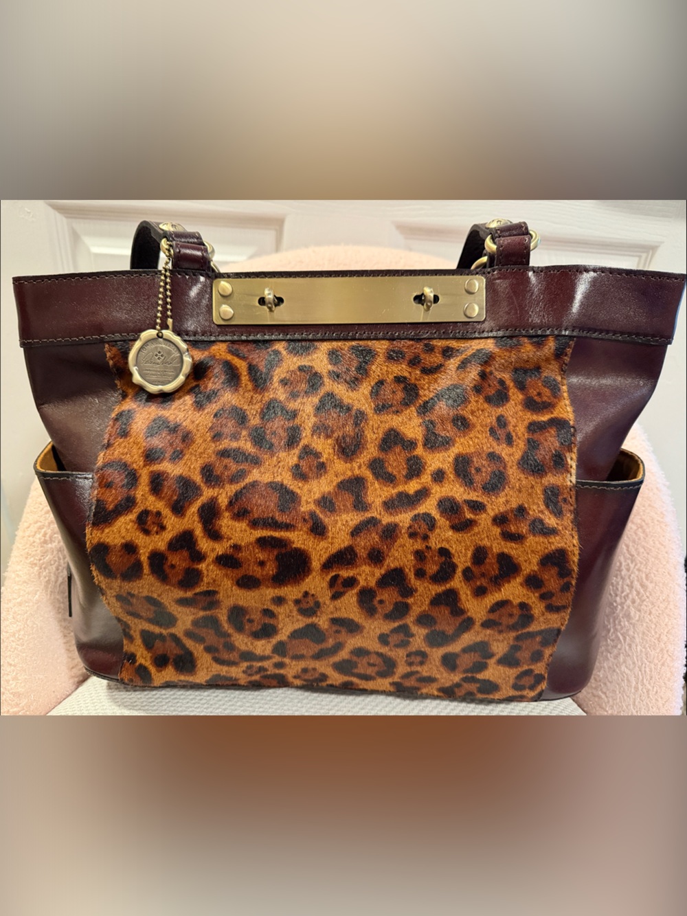 Like new- PATRICIA NASH Leopard Print Faux-Hair Tote with Brown Leather Trim